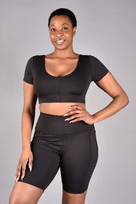 Audrey Reversible Recycled Core Compression Short Sleeve Longline Bra in Matte Black