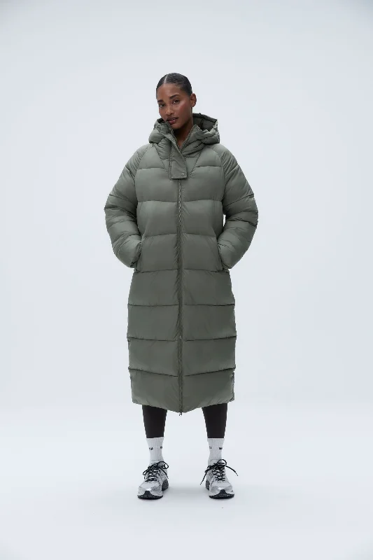 Chevron Longline Puffer Jacket - Olive Green