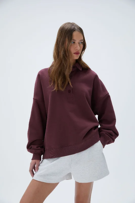 Oversized Button Up Sweatshirt - Burgundy