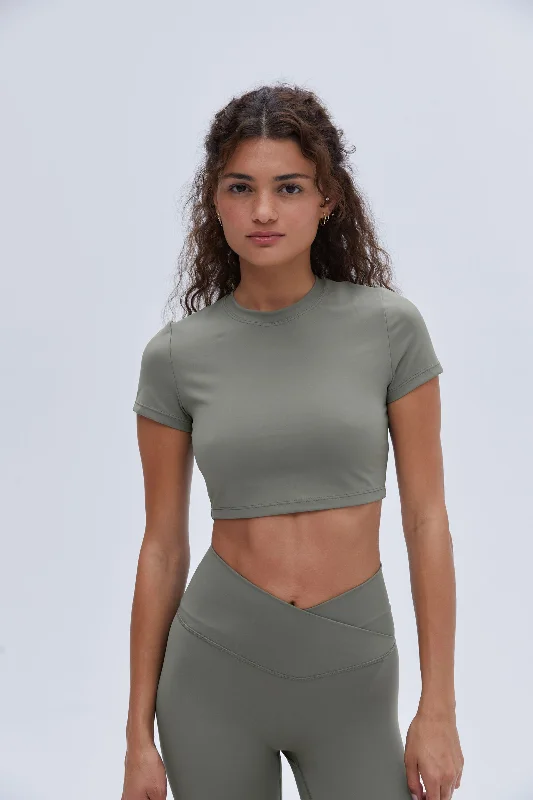 Short Sleeve Crop Top - Olive Green