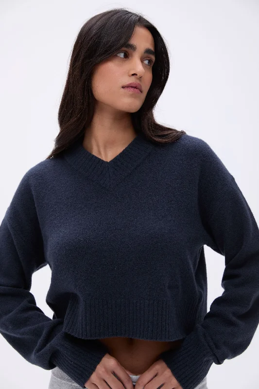 V Neck Knit Sweatshirt - Deep Midnight Blue