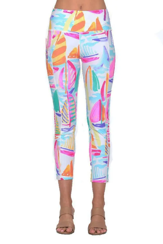 Cecila Sailboat Print Leggings In Pink & Multi